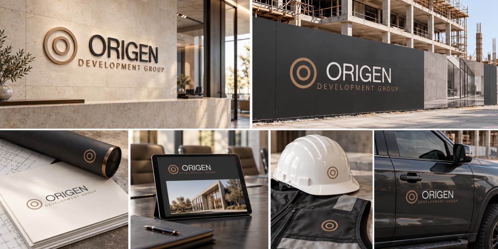 Aplicaciones de la marca ORIGEN: recepción, valla de obra, tablet, casco y vehículo