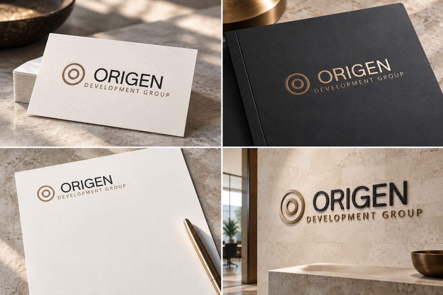 Papelería de ORIGEN: tarjetas, carpeta, hoja membretada y señalética