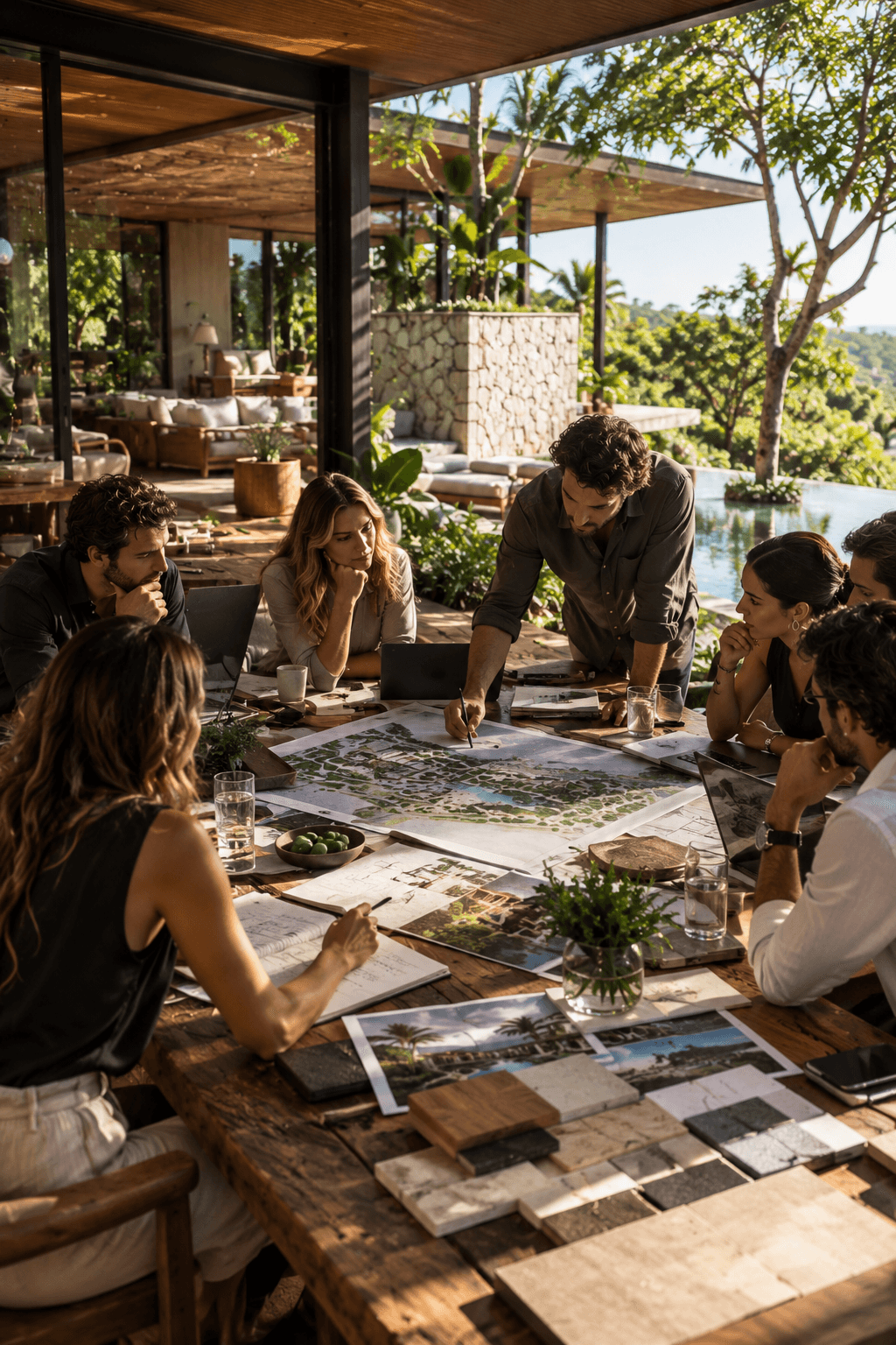 Equipo de ORIGEN trabajando sobre el masterplan y muestras de materiales